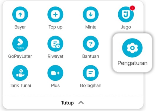 Ada setidaknya 14 ikon menu yang muncul di halaman GoPay yang didominasi warna biru, pilih menu Pengaturan.