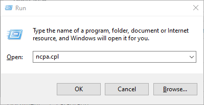 Ketikkan “NCPA.CPL” pada kolom “Open”.