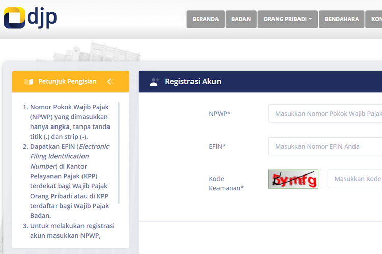 Masukkan NPWP, EFIN, dan kode keamanan yang sesuai dengan apa yang ditampilkan di layar.