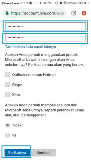 Masukkan password baru sesuai dengan keinginan, setelah itu klik tombol Berikutnya.