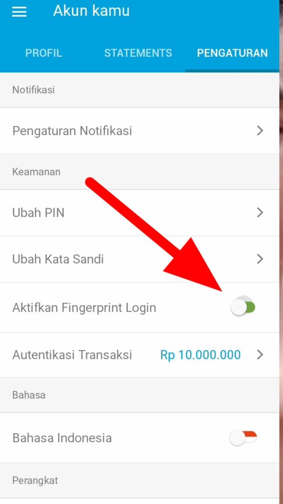 Pilih menu Login dengan menggunakan sidik jari, kemudian tempelkan sidik jari yang terdaftar di HP pada sensor sidik jari.